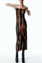 Robe longue d'été sans bretelles en maille à imprimé abstrait style vintage - Marron